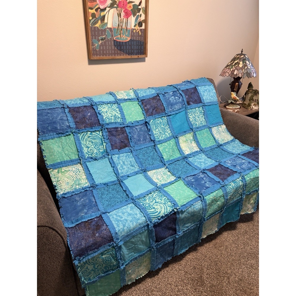Handmade Batik Patchwork Quilt Throw~60"x62" Shades of Blue Fleece Back~ Repairs